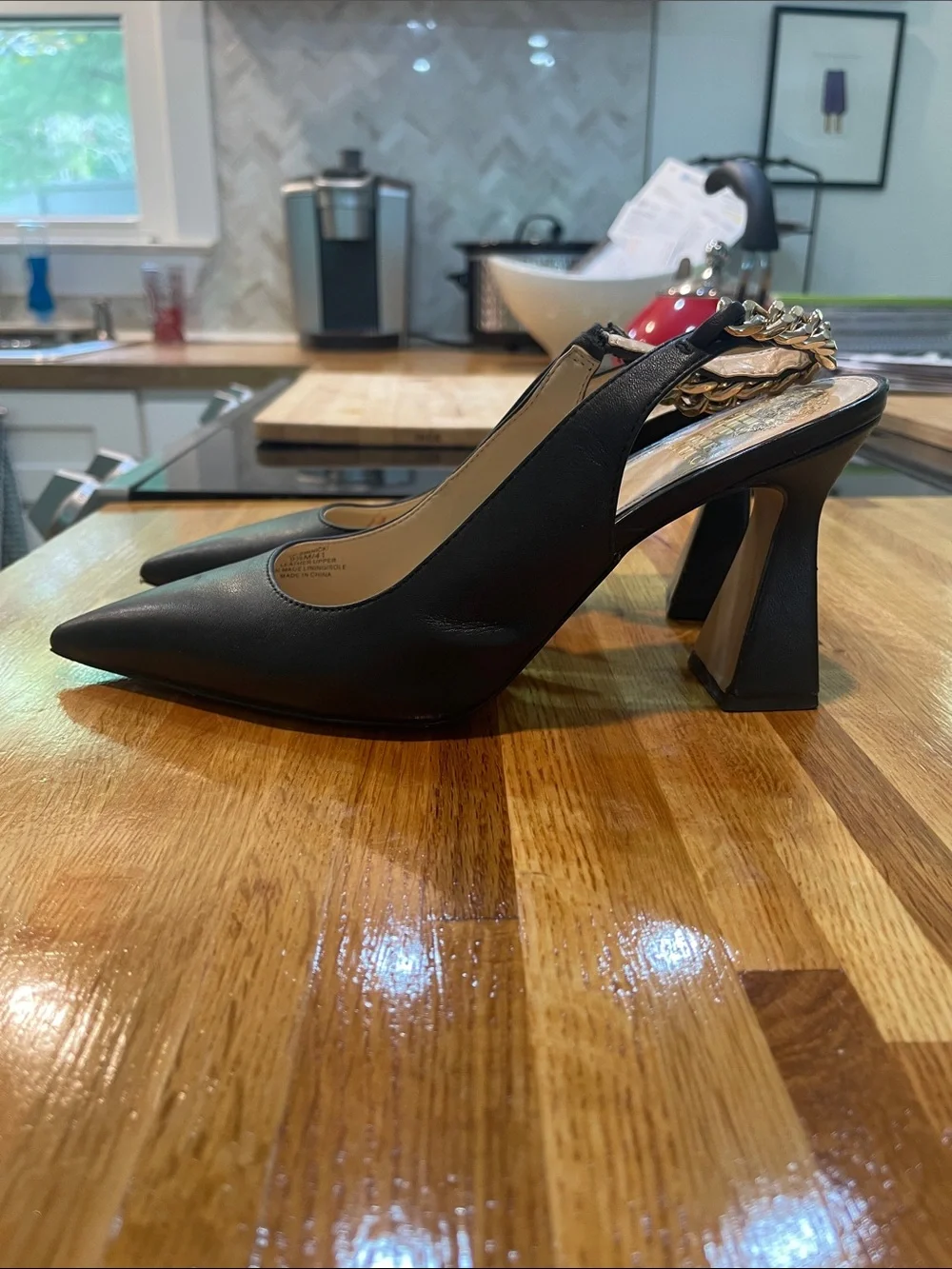 Vince Camuto Black Pointed-Toe Slingback Pumps with Chain Strap